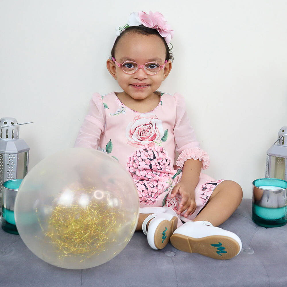 Monnalisa Chic-فستان كريب لون زهري وعاجي بطبعة ورود | Childrensalon Outlet