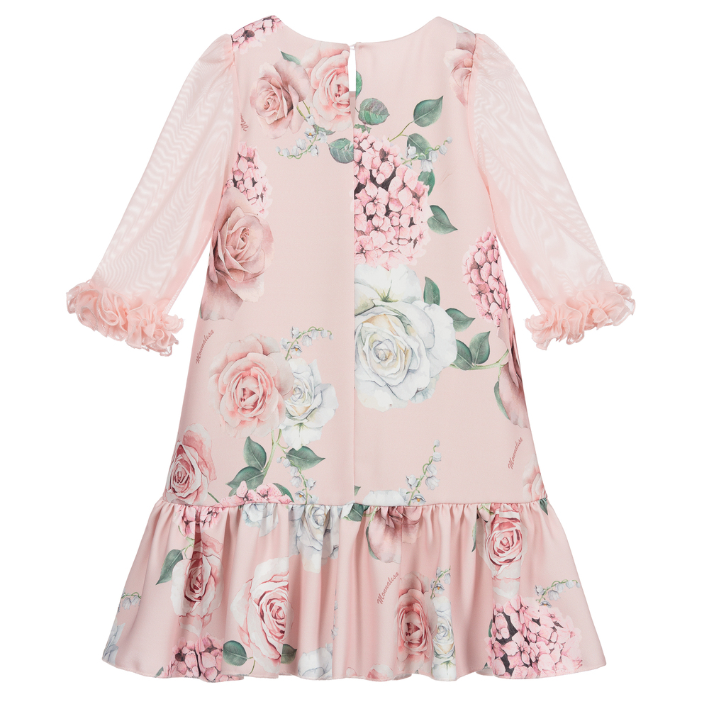Monnalisa Chic-فستان كريب لون زهري وعاجي بطبعة ورود | Childrensalon Outlet
