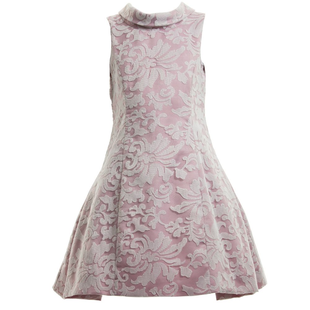 Monnalisa Chic - Pink Jacquard Dress with Organza Overlay | Childrensalon