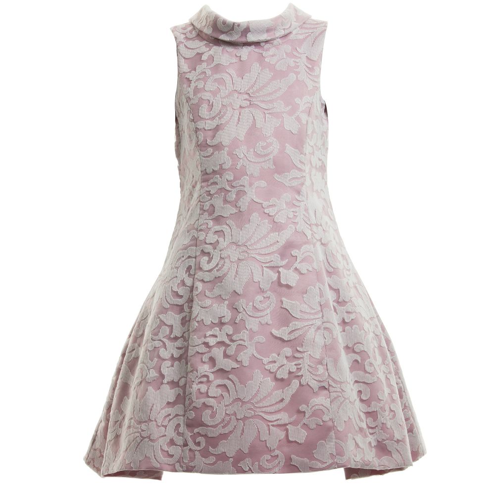Monnalisa Chic-Pink Jacquard Dress with Organza Overlay | Childrensalon Outlet