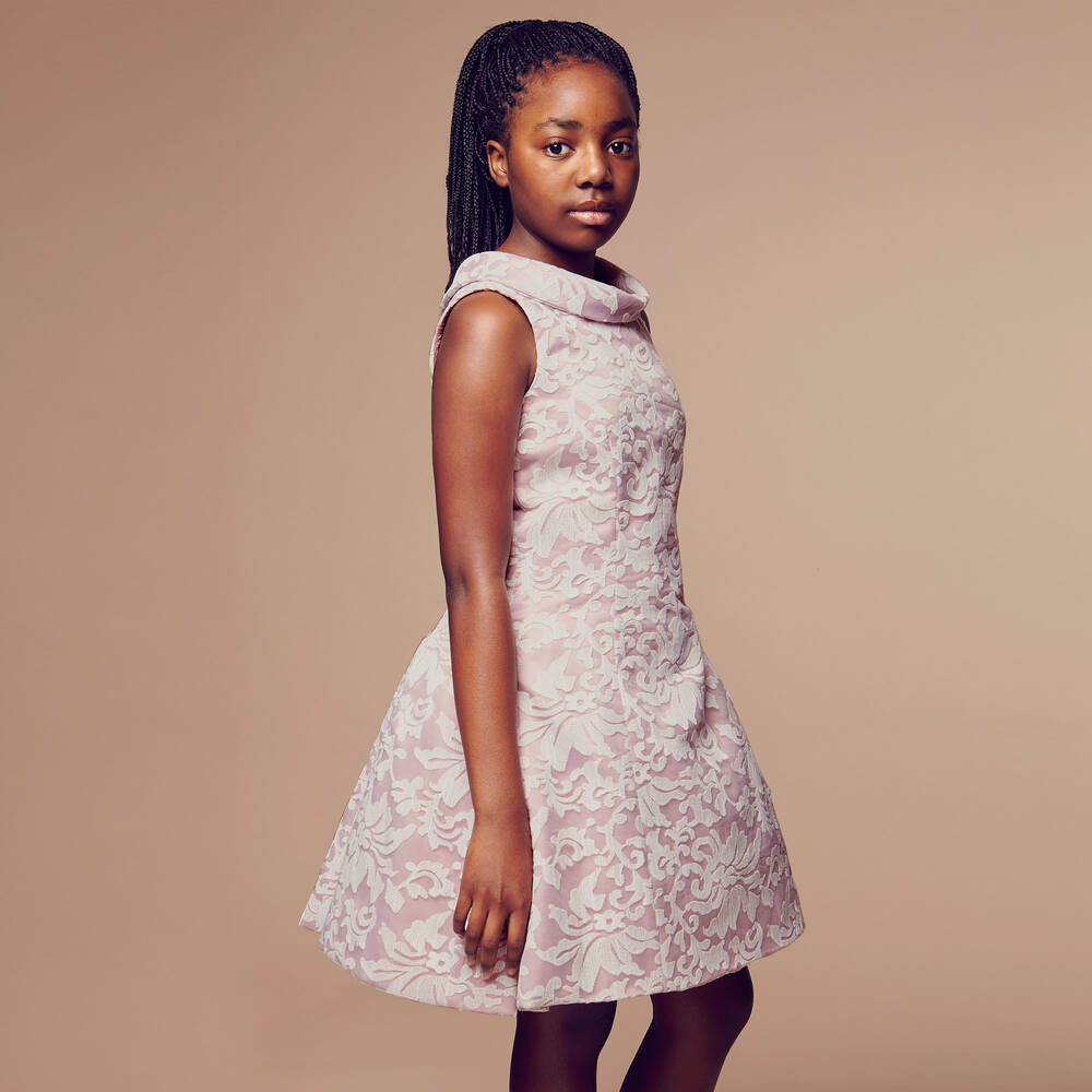 Monnalisa Шик-Pink Jacquard Dress with Organza Overlay | Childrensalon Outlet