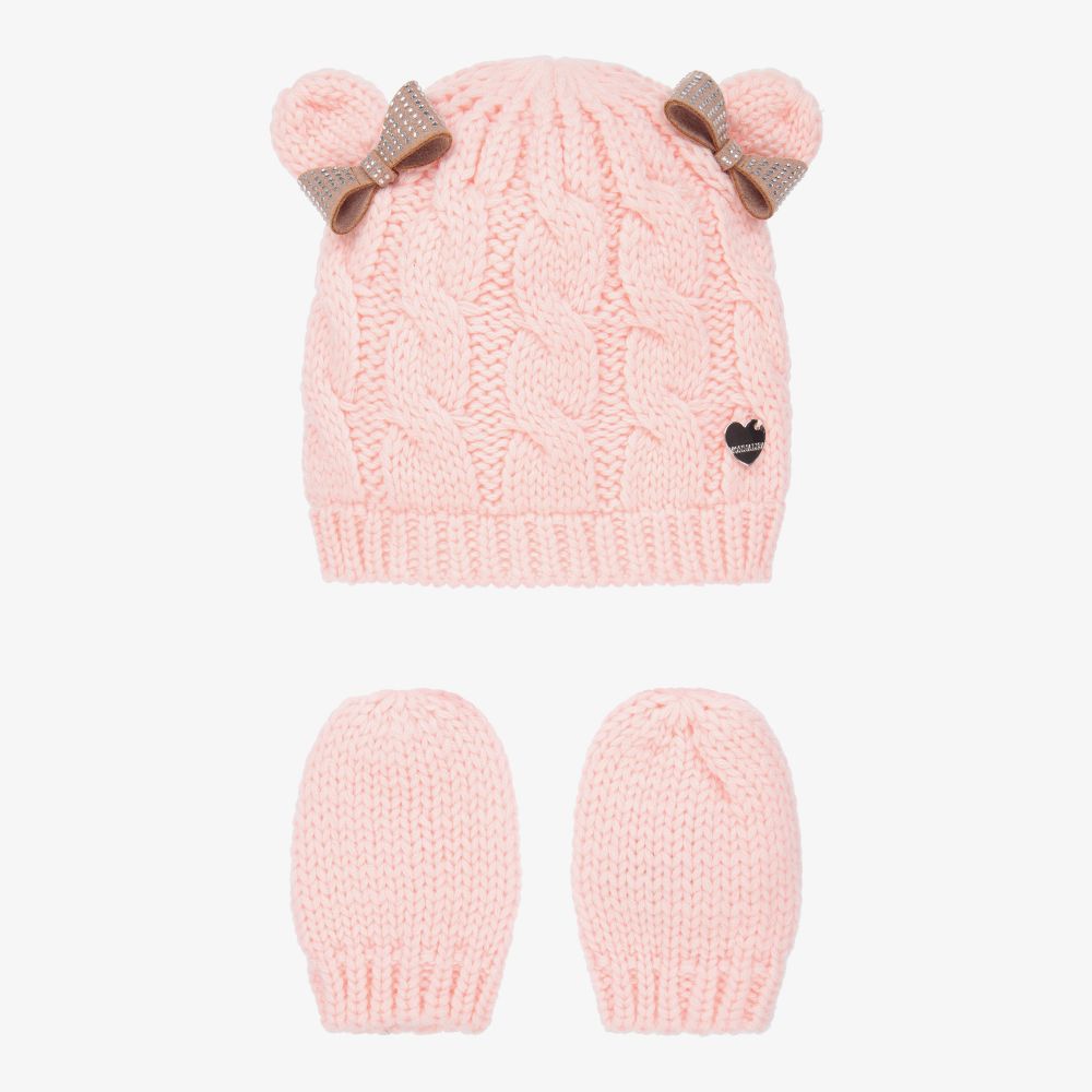 Monnalisa - Ensemble bonnet et moufles rose en maille | Childrensalon