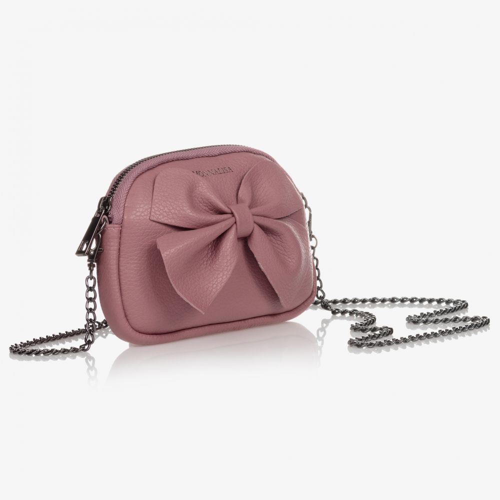 Monnalisa-Розовая кожаная сумочка с бантиком (18 см) | Childrensalon Outlet