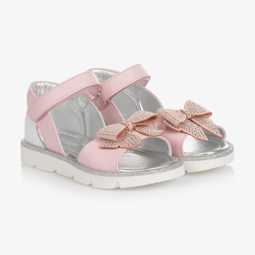 Monnalisa - Pink Leather Bow Sandals | Childrensalon