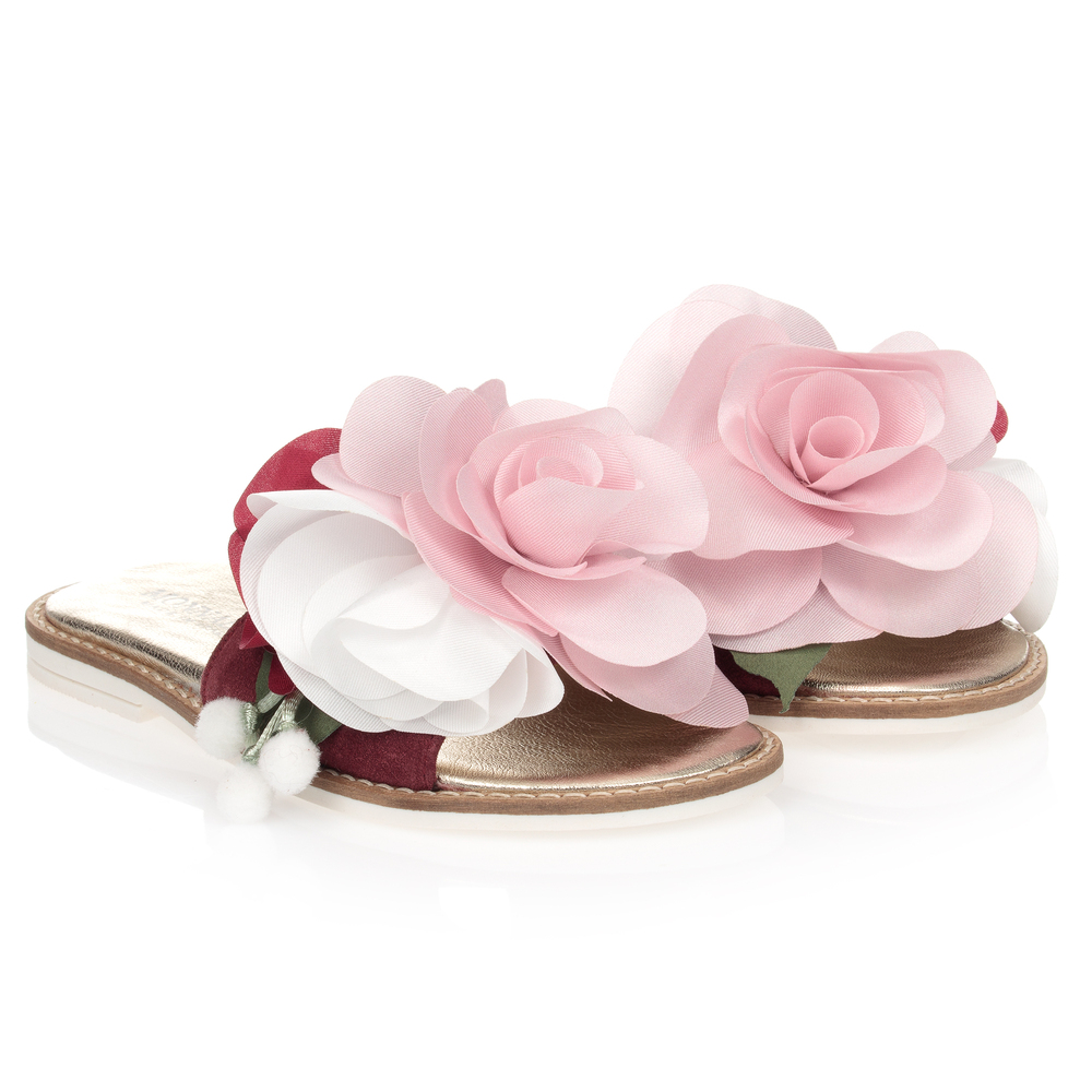 Monnalisa - Pink Leather Floral Sandals | Childrensalon