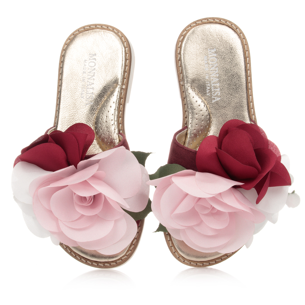 Monnalisa-Розовые кожаные сандалии с цветами | Childrensalon Outlet