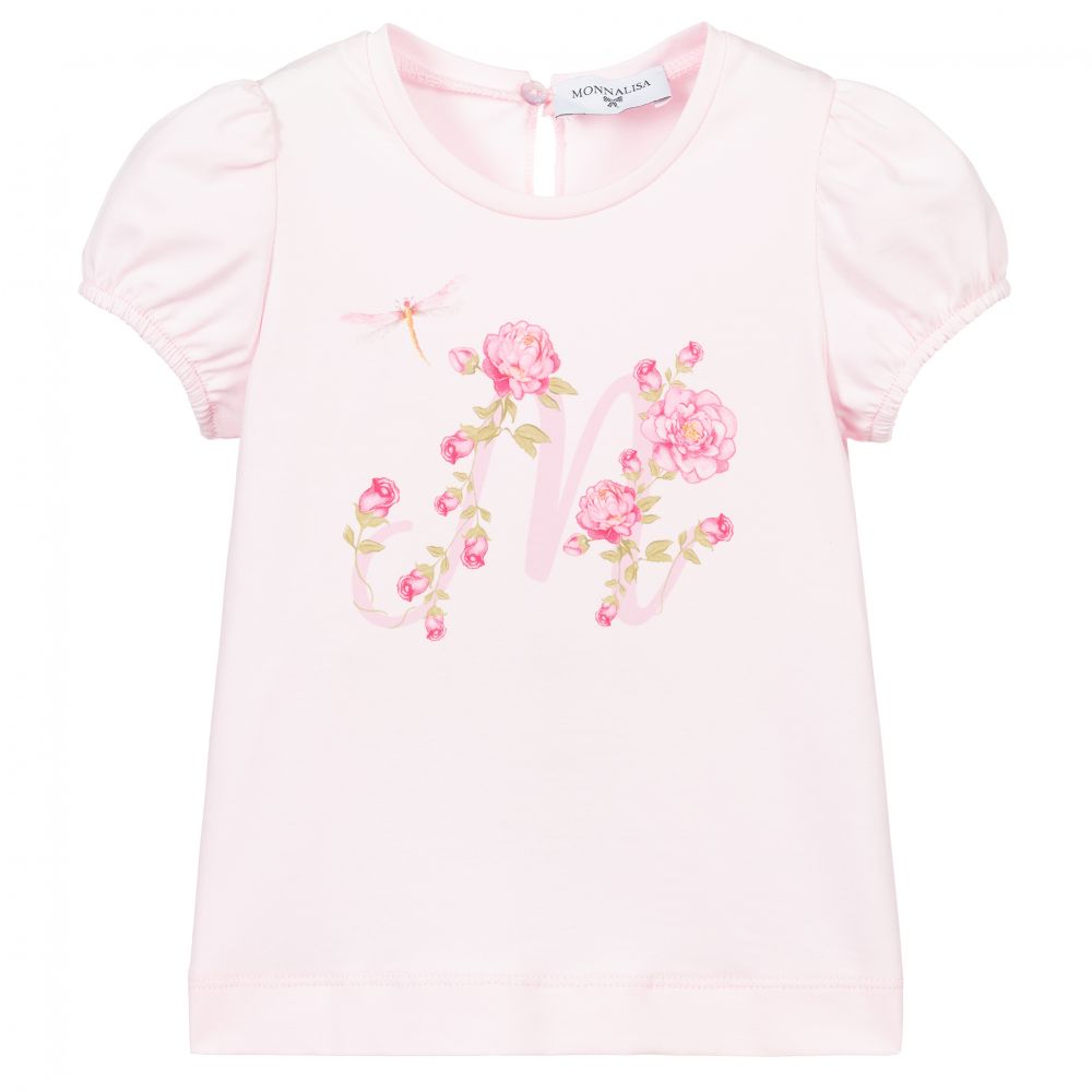 Monnalisa - Pink Roses Cotton T-Shirt | Childrensalon
