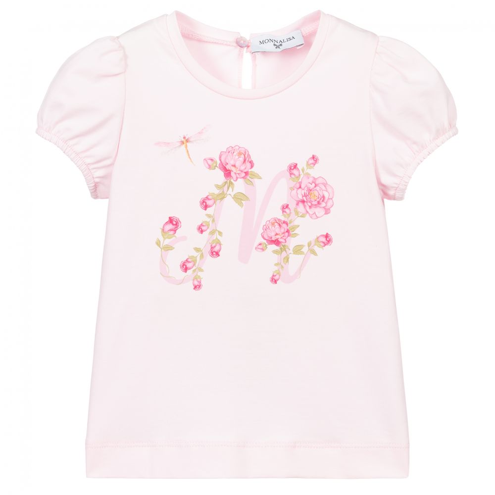 Monnalisa-Розовая хлопковая футболка с розами | Childrensalon Outlet