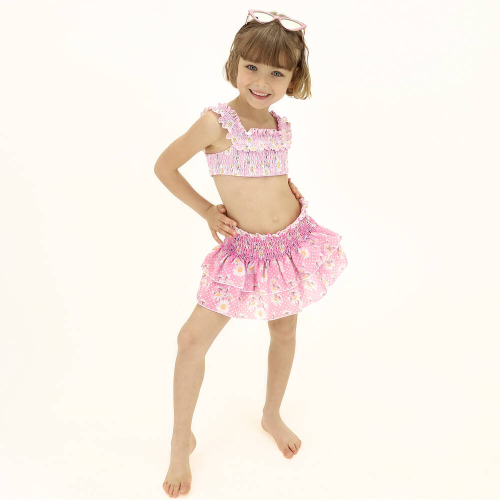 Monnalisa-Pink Ruched Daisies Bikini | Childrensalon Outlet