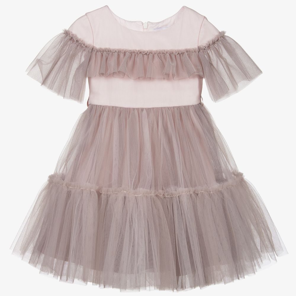 Monnalisa-Pink Tulle Floral Belt Dress | Childrensalon Outlet