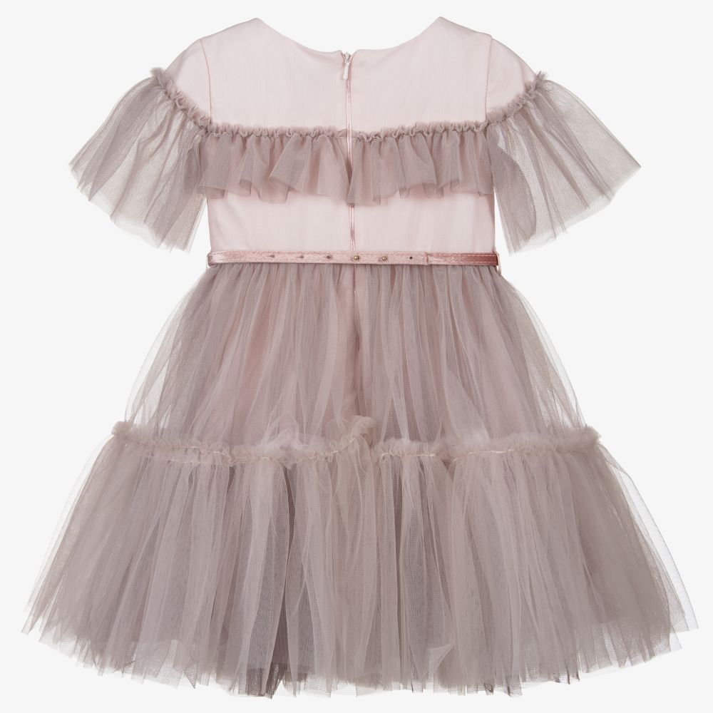 Monnalisa-Pink Tulle Floral Belt Dress | Childrensalon Outlet