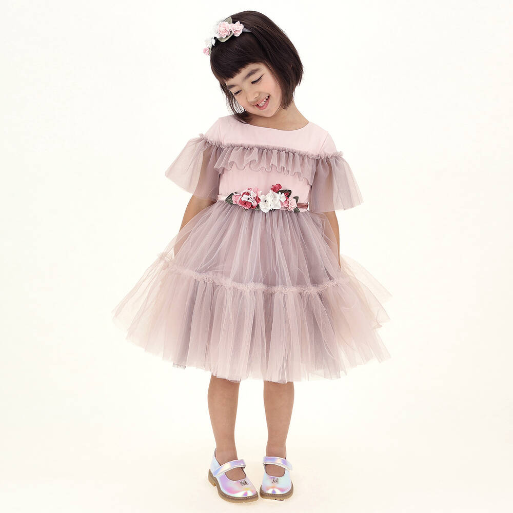 Monnalisa-Pink Tulle Floral Belt Dress | Childrensalon Outlet