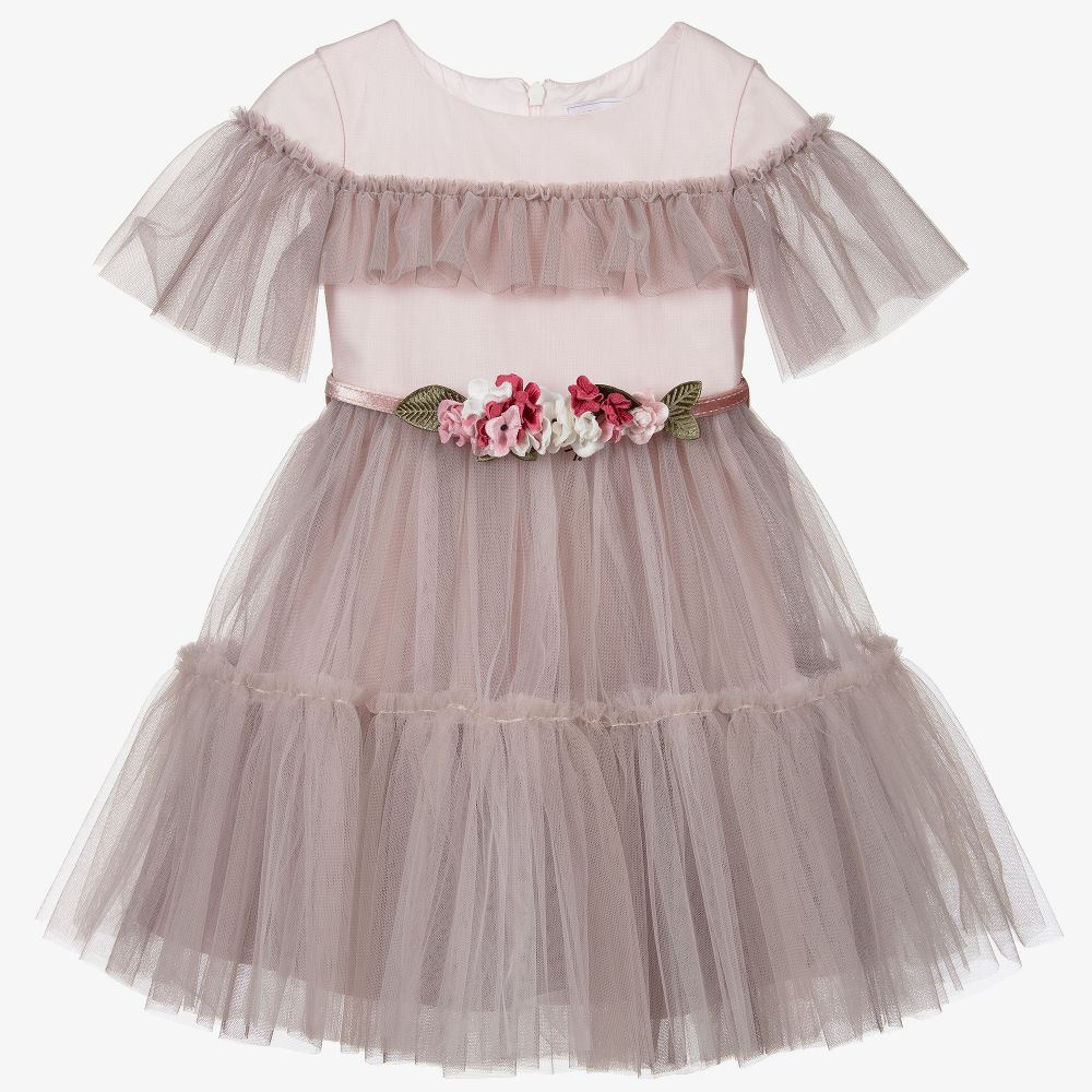 Monnalisa - Розовое платье из тюля с поясом с цветами | Childrensalon