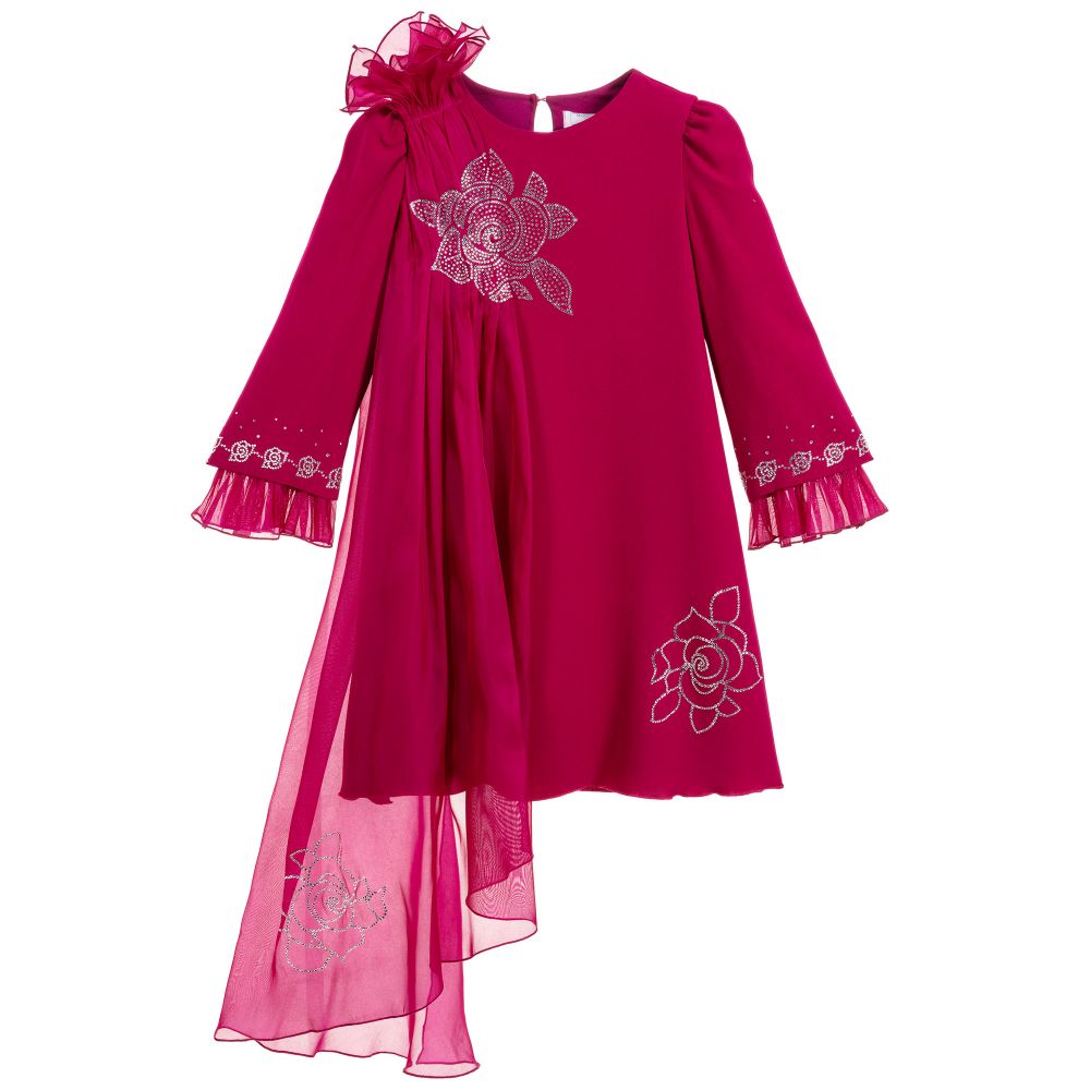 Monnalisa Couture-فستان فيسكوز وحرير لون فيوشيا | Childrensalon Outlet