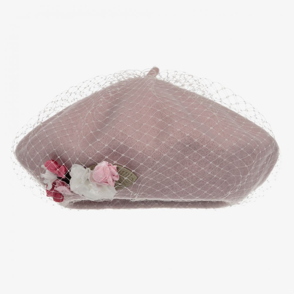 Monnalisa - Pink Wool Floral Beret | Childrensalon