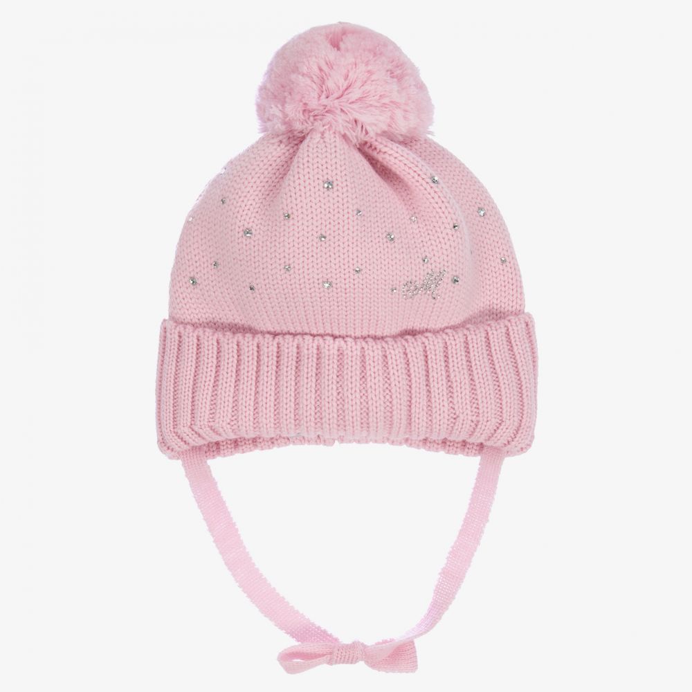 Monnalisa - Bonnet rose en laine à pompon | Childrensalon