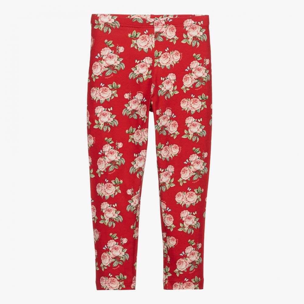 Monnalisa - Red Cotton Floral Leggings | Childrensalon