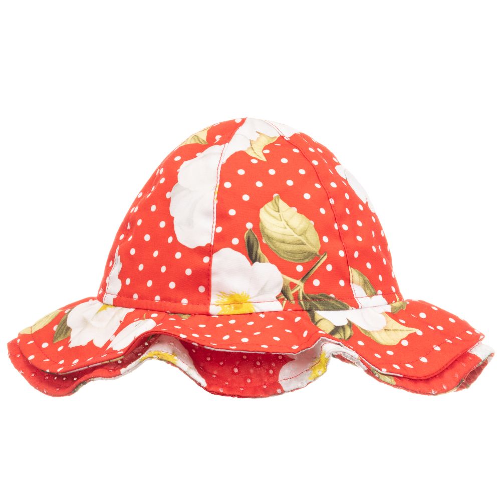 Monnalisa - قبعة للشمس أطفال بناتي قطن لون أحمر وأبيض | Childrensalon