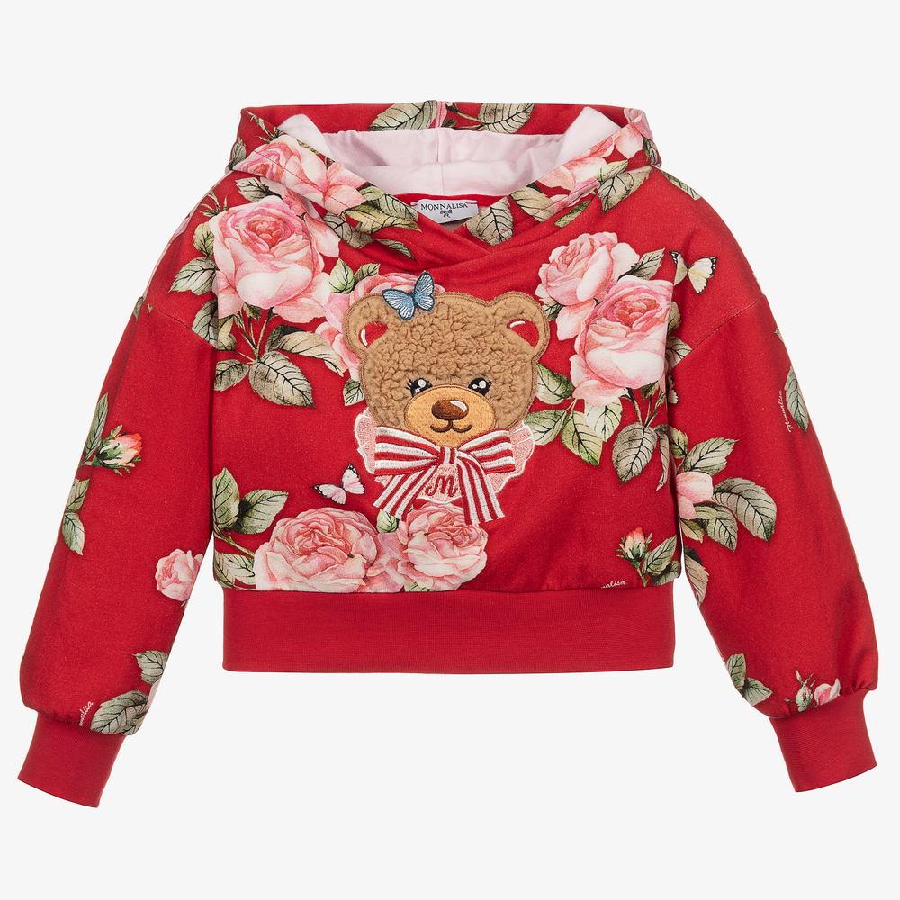 Monnalisa - Roter Bären-Kapuzenpulli mit Blumen | Childrensalon