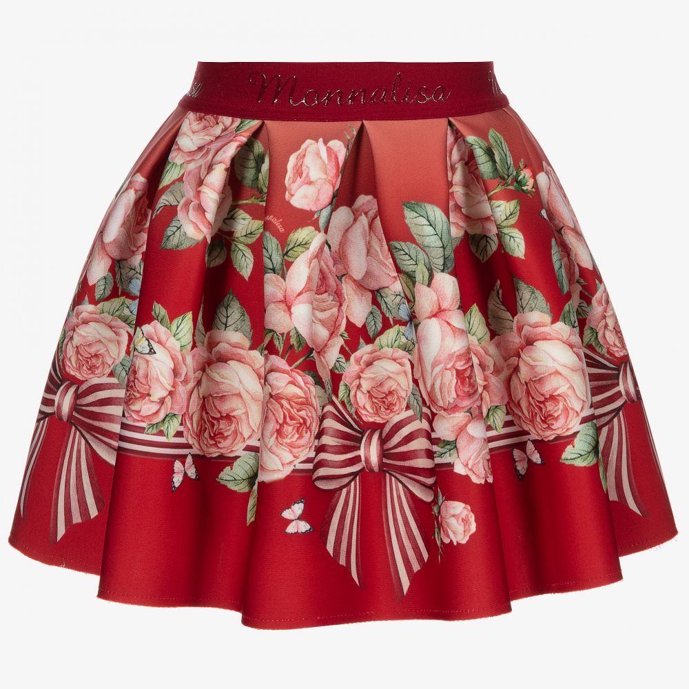 Monnalisa - Red Neoprene Floral Skirt | Childrensalon