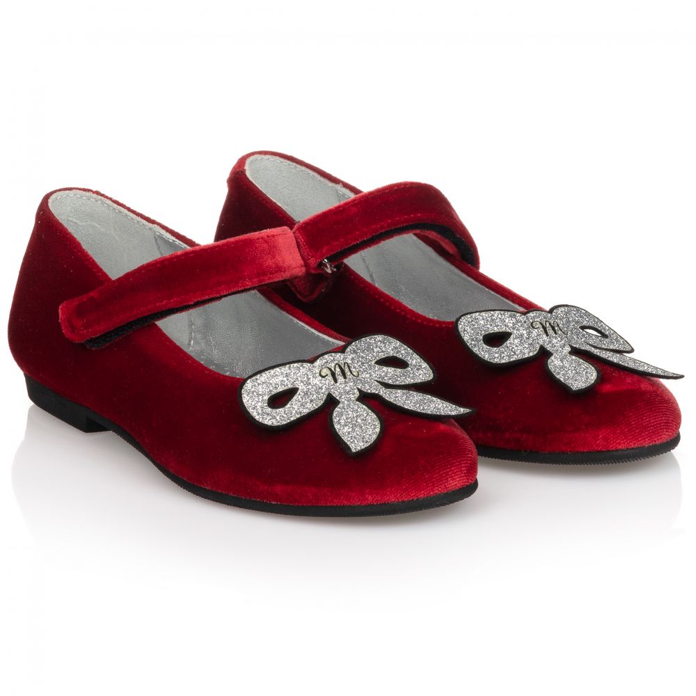 Monnalisa - حذاء  بمب مخمل لون أحمر و فضّي للبنات  | Childrensalon