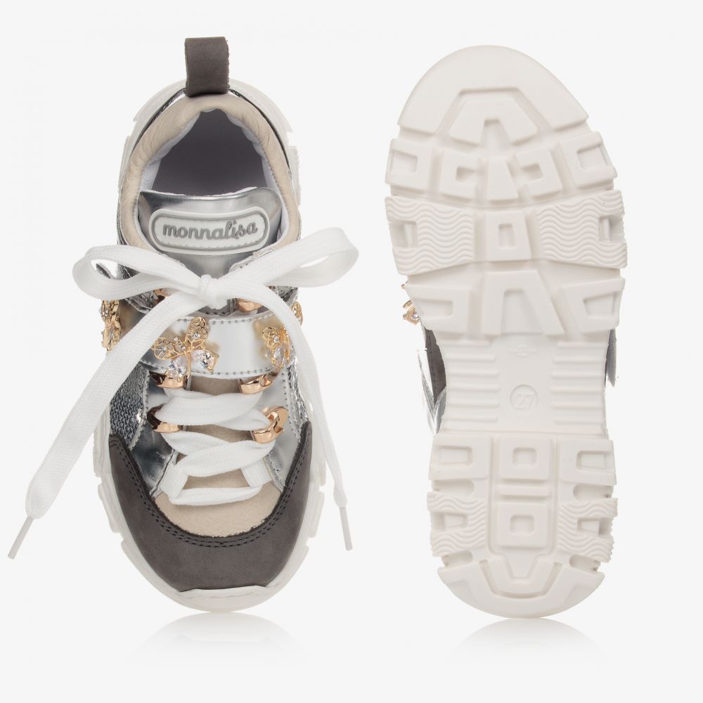 Monnalisa-Silver & Grey Leather Trainers | Childrensalon Outlet