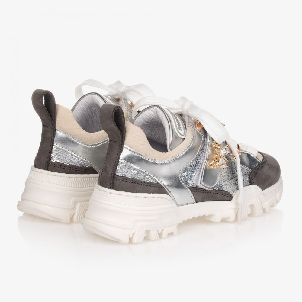 Monnalisa-Silver & Grey Leather Trainers | Childrensalon Outlet