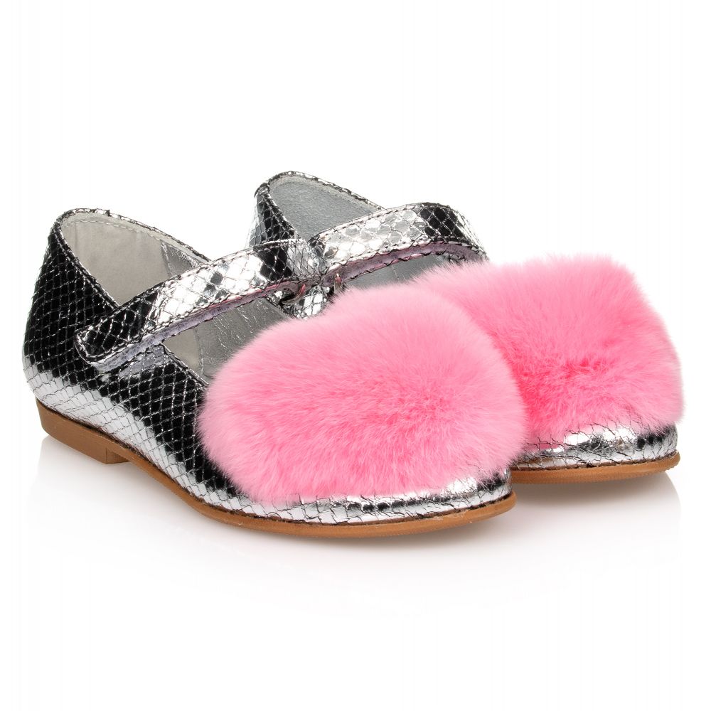 Monnalisa - Silver & Pink Fur Heart Shoes | Childrensalon