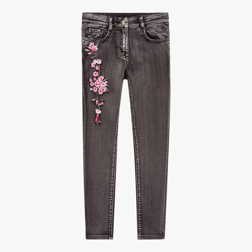 Monnalisa - Teen Black Floral Denim Jeans | Childrensalon