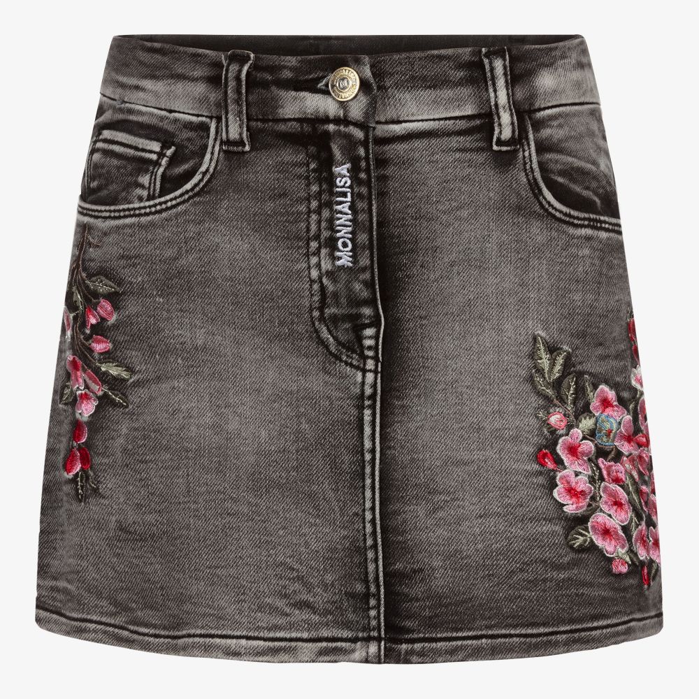 Monnalisa - Черная джинсовая юбка с цветами для подростков | Childrensalon