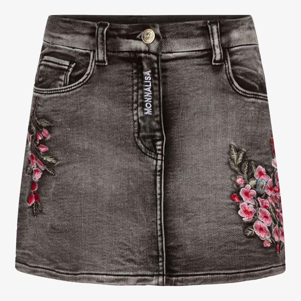 Monnalisa - Schwarzer Teen Jeansrock mit Blumen | Childrensalon