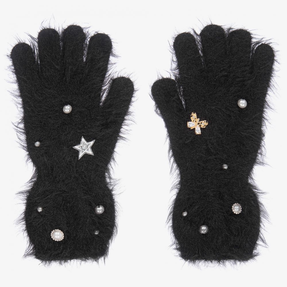 Monnalisa - Schwarze Teen Handschuhe mit Schmucksteinen | Childrensalon