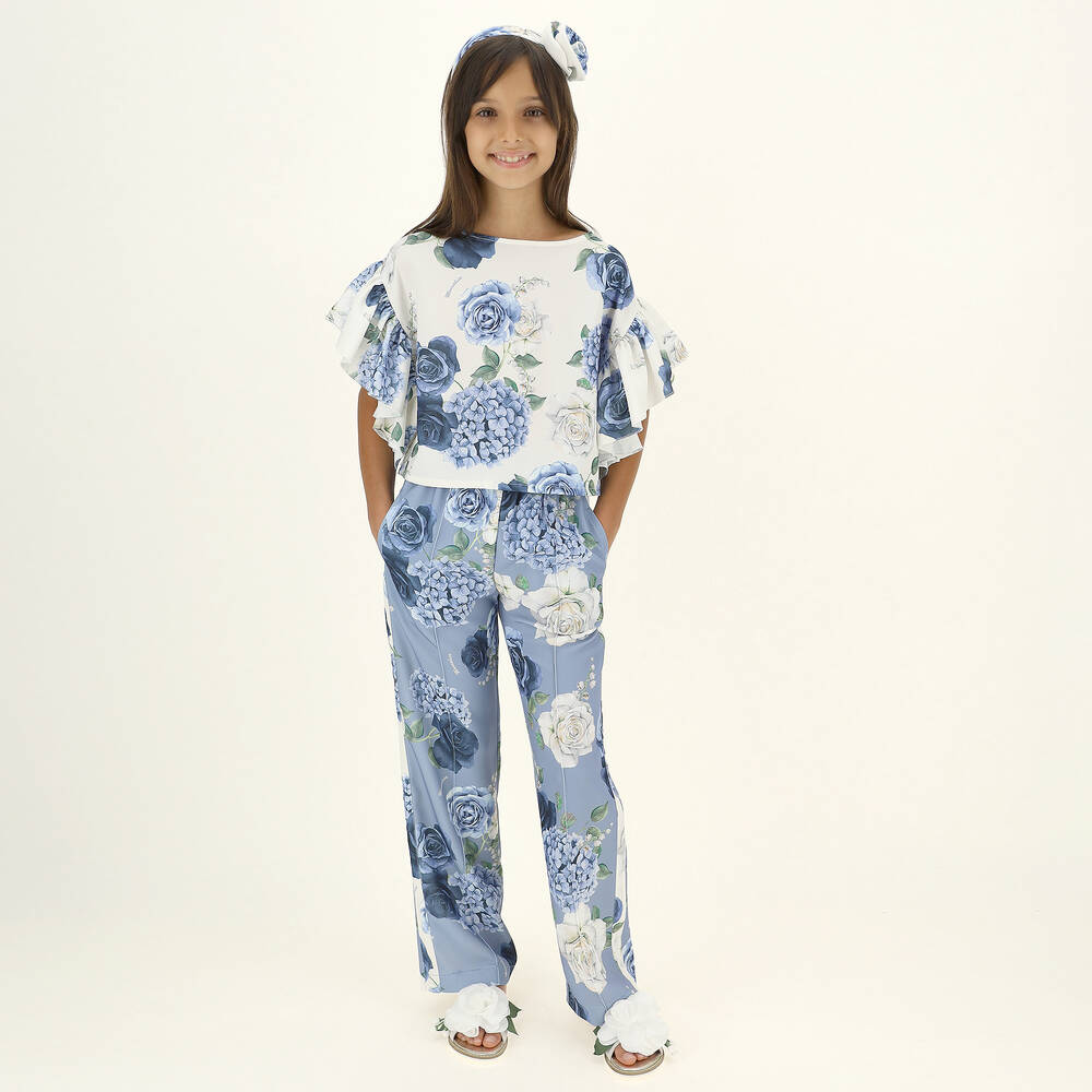 Monnalisa-Teen Blue Floral Cropped Top | Childrensalon Outlet
