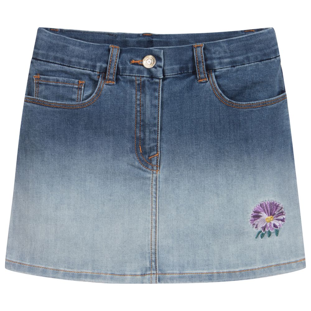 Monnalisa - Jupe fleurie bleue en denim Ado | Childrensalon