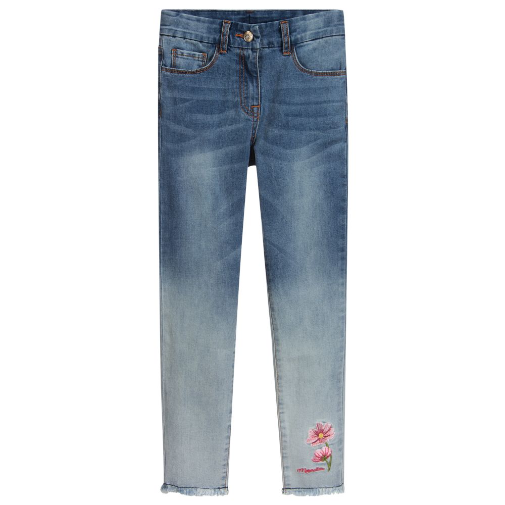 Monnalisa - Синие джинсы с цветочным логотипом для подростков | Childrensalon