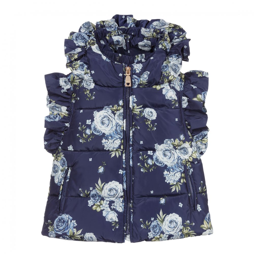 Monnalisa-Teen Blue Ruffle Floral Gilet | Childrensalon Outlet
