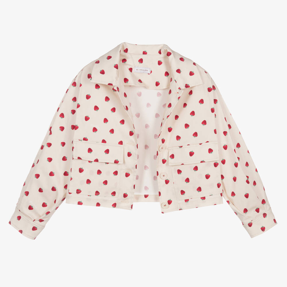 Monnalisa-Teen Girls Beige Cotton Strawberry Shacket | Childrensalon Outlet