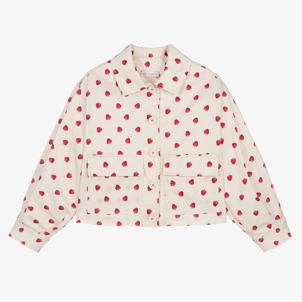 Monnalisa-Teen Girls Beige Cotton Strawberry Shacket | Childrensalon Outlet