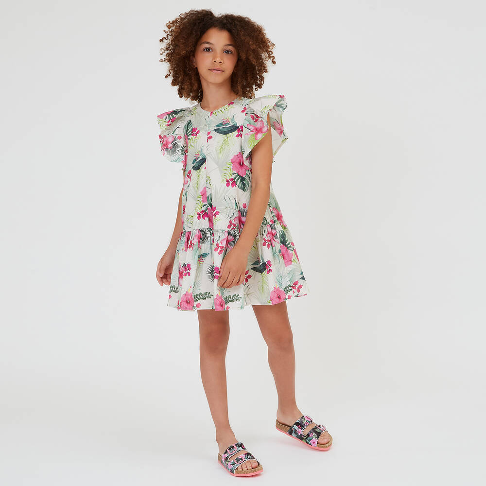Monnalisa Teen Girls Beige Floral Cotton Dress