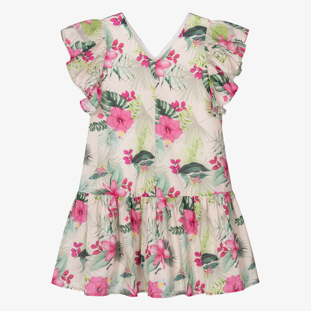 Monnalisa-Teen Girls Beige Floral Cotton Dress | Childrensalon Outlet