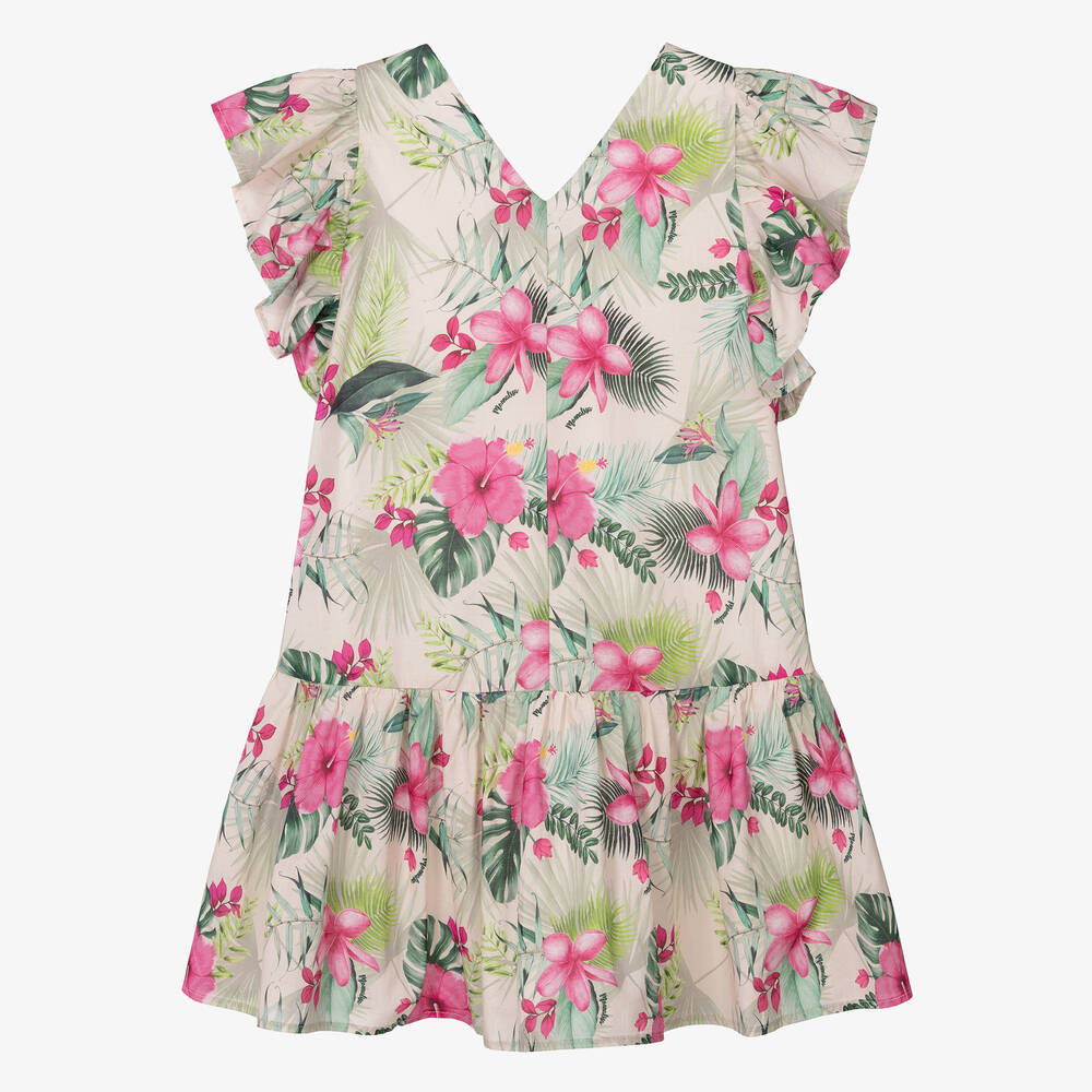 Monnalisa-فستان قطن لون بيج بطبعة ورود للمراهقات | Childrensalon Outlet