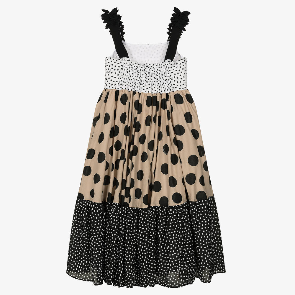 Monnalisa-فستان تينز بناتي قطن منقط لون بيج وأسود | Childrensalon Outlet