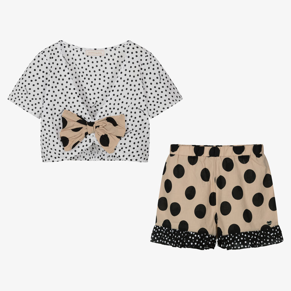 Monnalisa - Teen Girls Beige Polka Dot Cotton Shorts Set | Childrensalon