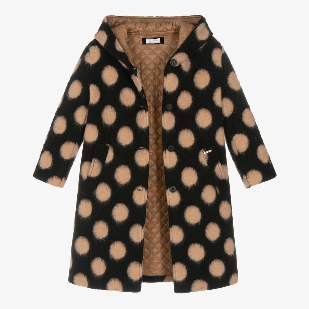 Monnalisa-Teen Girls Black & Beige Polka Dot Coat | Childrensalon Outlet