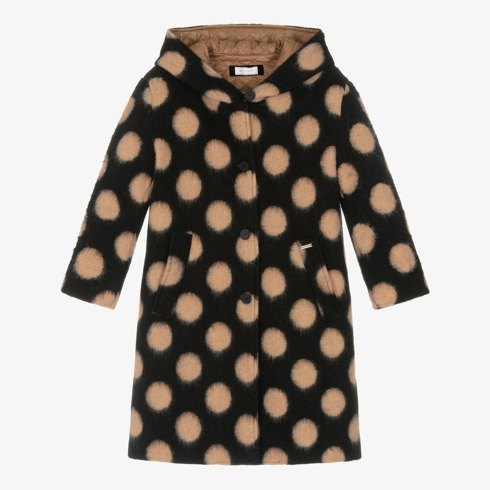 Monnalisa - Teen Girls Black & Beige Polka Dot Coat | Childrensalon