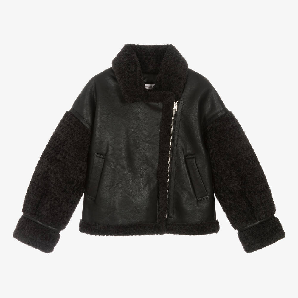 Teen Girls Black Faux Leather Aviator Jacket