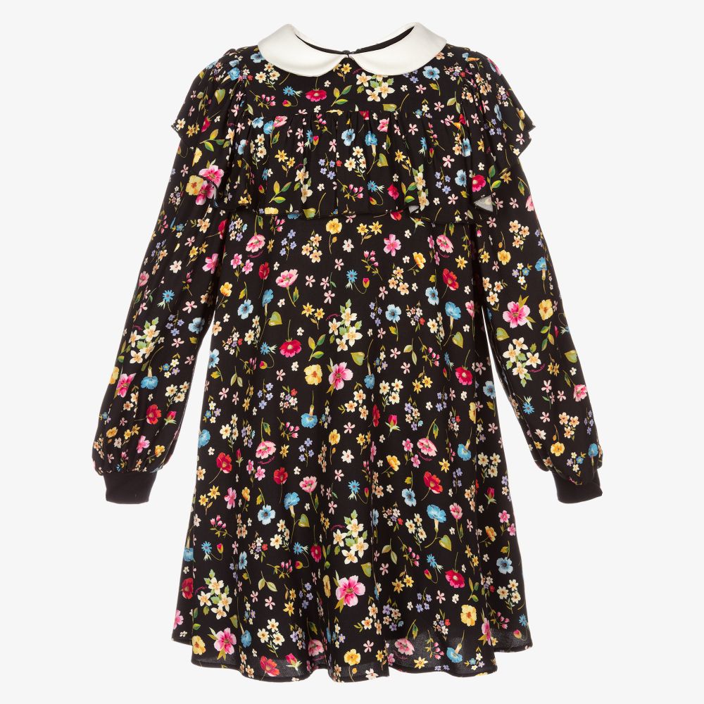 Monnalisa-Черное платье с цветами для подростков | Childrensalon Outlet
