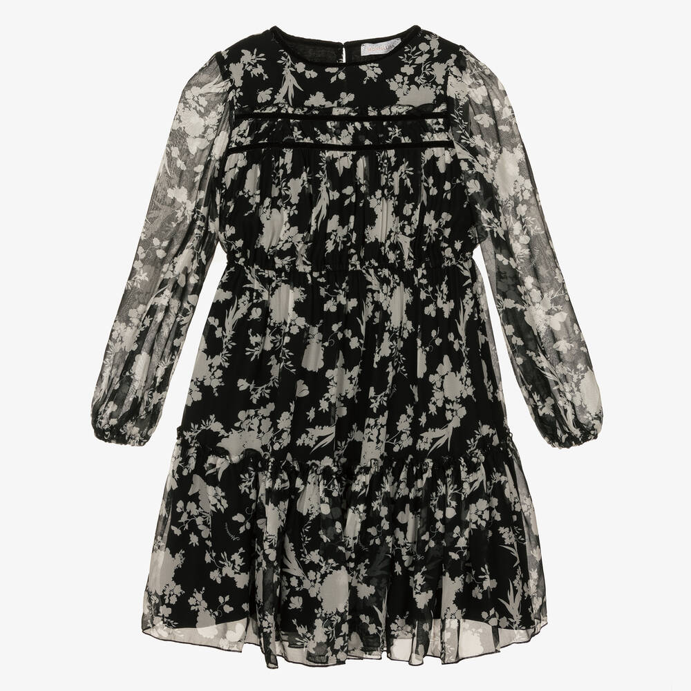 Monnalisa-Teen Girls Black Floral Dress  | Childrensalon Outlet