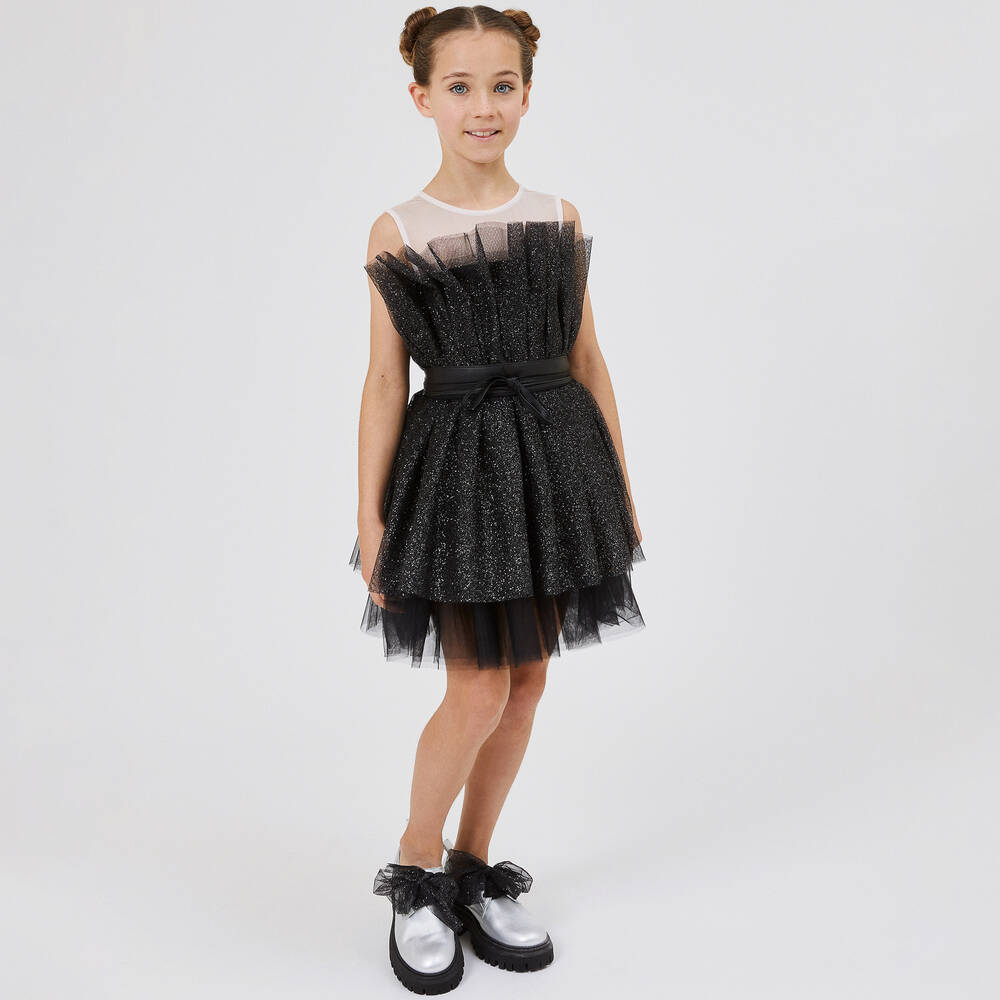 Monnalisa-Черное платье из тюля с блестками | Childrensalon Outlet