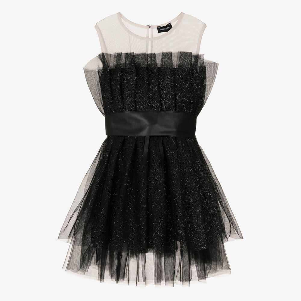Monnalisa - Teen Girls Black Glitter Tulle Dress | Childrensalon